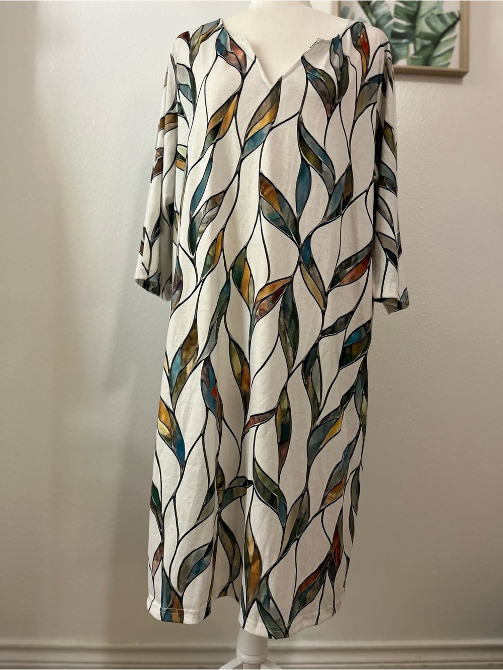 White Multi-Colored Leaf Print Women’s Dress